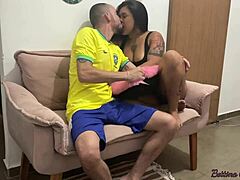 I invited the brunette over to watch the game, but she only wanted my gifted cock in POV, sucking my natural tits while I fucked her.