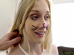Emma Starletto, the petite 18+ bunny slut, masturbates before getting doggystyled and deepthroating cock for a cumshot.