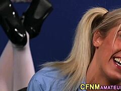 cfnm amateur gives blowjob and handjob to blonde in uniform