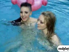 two nasty ladies get banged by pervert men by the pool