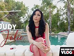 skinny perky judy jolie rides deep backstage by pool