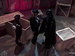 Batman saves busty duo for threesome reward.