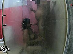 An Indian couple has passionate sex in a hotel bathroom, with the chubby girl giving a hard blowjob