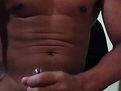 Intense solo handjob after a month of no sex leads to explosive cumshot.