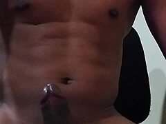 Intense solo handjob after a month of no sex leads to explosive cumshot.