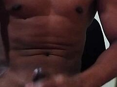 Intense solo handjob after a month of no sex leads to explosive cumshot.