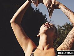 Kelly madison performs hard anal on aspen ora in the shower, making her sweat from the rough assfucking and creampie.