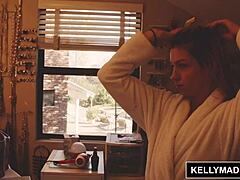 Kelly madison performs hard anal on aspen ora in the shower, making her sweat from the rough assfucking and creampie.