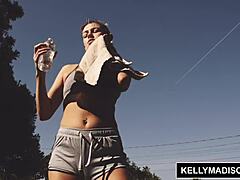 Kelly madison performs hard anal on aspen ora in the shower, making her sweat from the rough assfucking and creampie.