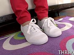 This babe gives a blowjob to a huge monster cock, sucking it deep.