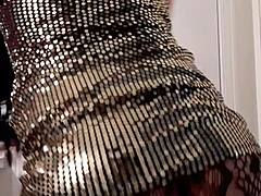 Hot Crossdresser in Sexy Gold Tight Dress