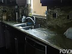 Teen gives sloppy blowjob to erected penis. She focuses on her shaved cunt.