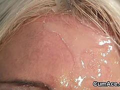 horny bombshell gulps cum in extreme blowbang facial