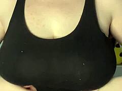 slapping my huge teen tits hard against the table