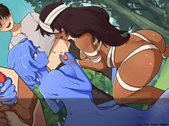 In this anime quest, the girls give handjobs leading to cumshots