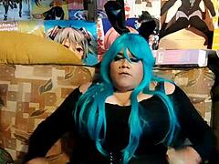 So, I'm just a naughty bunny, riding wild as a shemale with big tits. Watch me go!