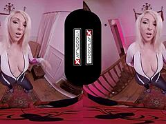 Spider Gwen cosplay blows mind with mouth and pussy in VR porn