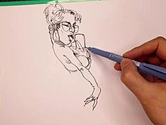Porn artist at work sketching sexy girls with big tits.