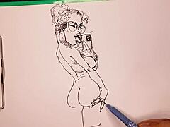 Porn artist at work sketching sexy girls with big tits.