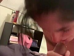 that skinny teen slut is sucking cock like a pro in this amateur scene