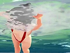 Anime girl swam in micro bikini nip slip!