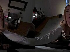 Redhead in Stockings Shows Big Tits and Ass While Giving Blowjob in VR Dark Room