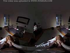 Redhead in Stockings Shows Big Tits and Ass While Giving Blowjob in VR Dark Room
