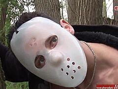 Skinny blonde teen with natural big tits enjoys outdoor threesome fmm.