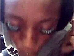 ebony girl gives sloppy blowjob to white cock in interracial encounter