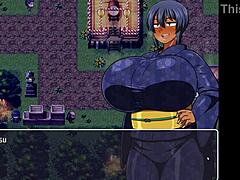 Tanned girl Natsuki in hentai game episode 10 pissing in public with huge boobs.