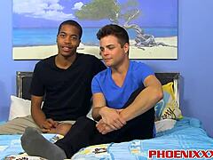 The cute jock says, 'I love big black cock in interracial gay sex'