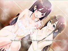 双性动漫女孩在女同本子淋浴游戏中亲吻和沐浴