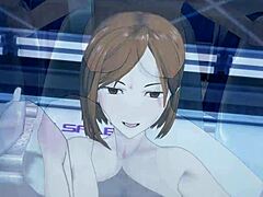 Moaning during footjob and handjob in Shibuya sex hentai!