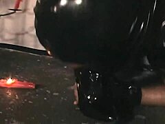 gorgeous brunette dominatrix binds her masked lover, sucks his shaft, rides him hard, and takes a cumshot