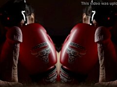 She gives artful blowjob with boxing gloves on big cock