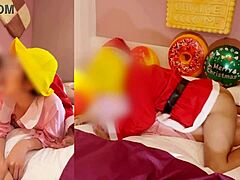 Asian couple in cosplay has naughty christmas sex