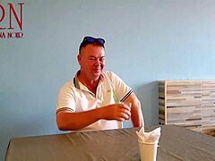 Naked waitress teases guest with navel eating!