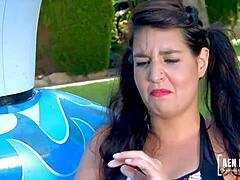 Spanish babe carmina ordena gets caught playing with big red double headed dildo by step-brother