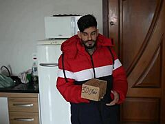 Young Brazilian girl in crossdressing fucks muscular tattooed delivery guy with big cock.