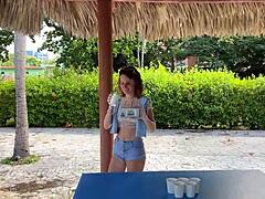 College party strip game with bikini beauty in dirty talk