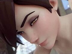 Tracer from Overwatch gives hard fuck with blowjob and handjob in anime style