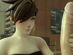 Tracer from Overwatch gives hard fuck with blowjob and handjob in anime style