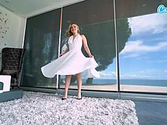 sexy blonde cosplays marilyn monroe while masturbating with huge toy