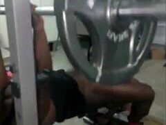 Bench Press Blowjob with Ebony Muscle Stud.
