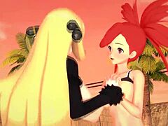 Pokemon threesome with Flannery and Cynthia creampie cumshot on beach