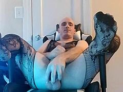 Dude, this sissy in fishnets is gaping her ass hardcore!