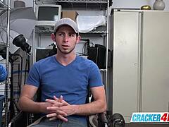 cute stud at office gets asshole rimmed and fucked by horny director's big black cock