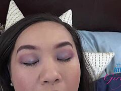 Super Hot Asian Kimmy Kimm Enjoys Creamy Pussy Licking Before Hard Holiday Fucking with Friend