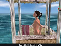 Cute girl poses sexy on beach and showers in 3d cartoon