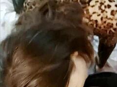 French Amateur in Black Leather Pants and Multi-Colored Thong Rimming in Doggystyle POV